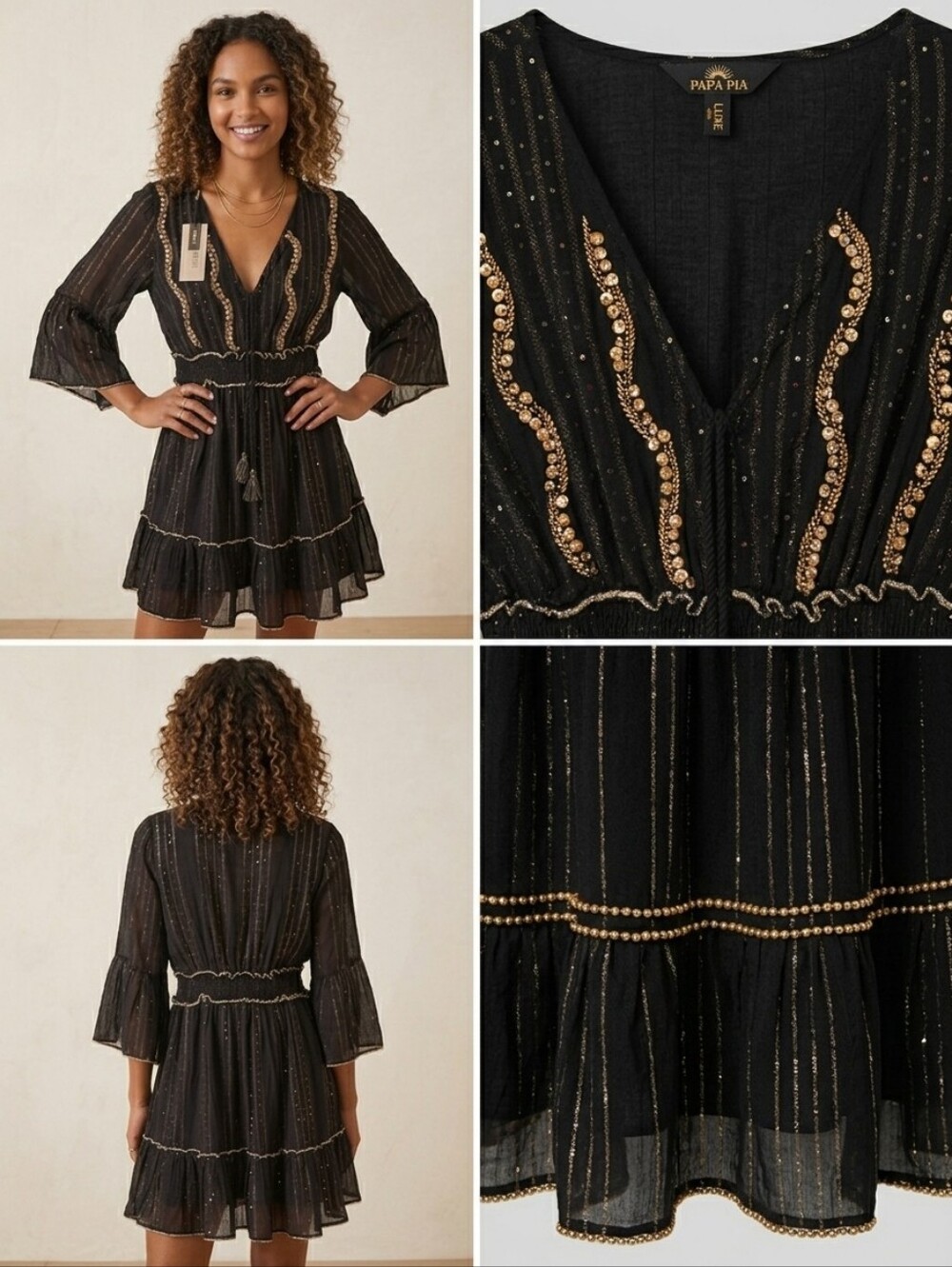 PAPA PIA Luxe Black & Gold Embellished Boho Tassel Dress